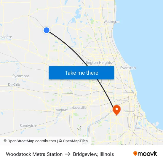 Woodstock Metra Station to Bridgeview, Illinois map