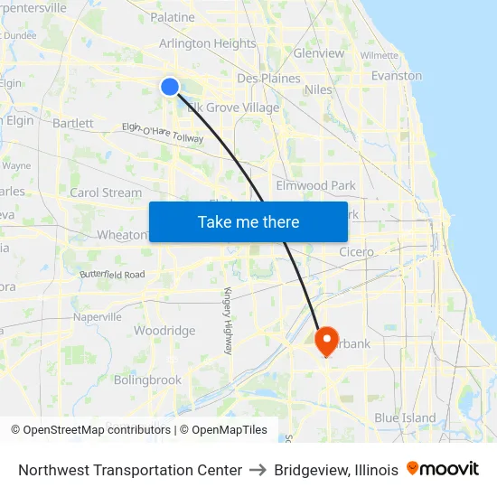 Northwest Transportation Center to Bridgeview, Illinois map