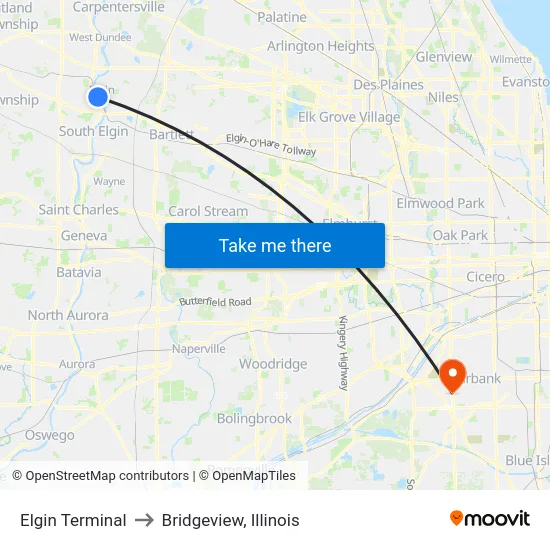 Elgin Terminal to Bridgeview, Illinois map