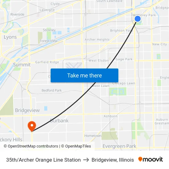 35th/Archer Orange Line Station to Bridgeview, Illinois map