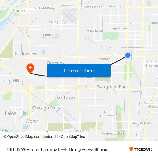 79th & Western Terminal to Bridgeview, Illinois map