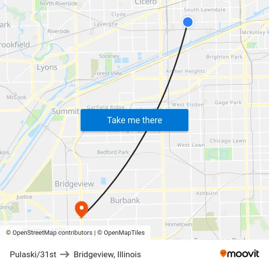 Pulaski/31st to Bridgeview, Illinois map