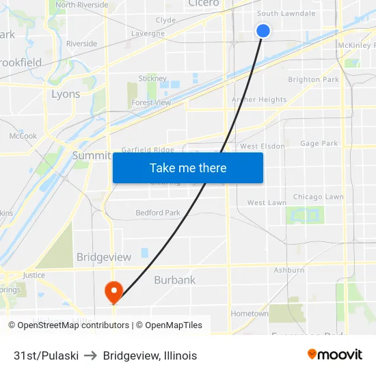 31st/Pulaski to Bridgeview, Illinois map