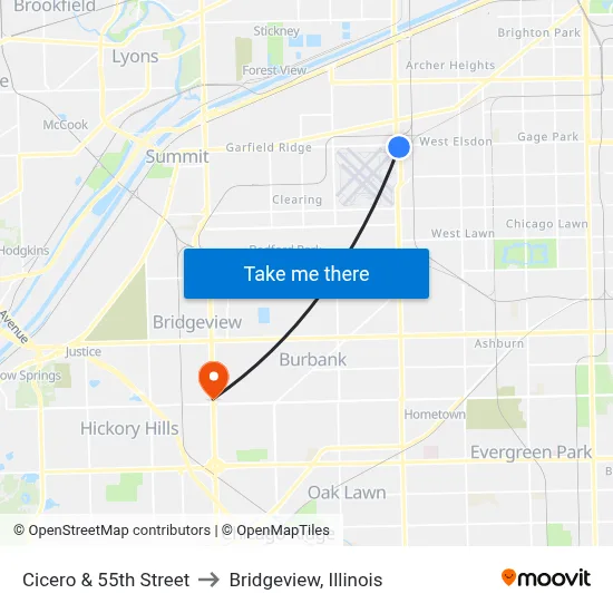 Cicero & 55th Street to Bridgeview, Illinois map