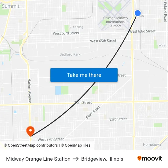 Midway Orange Line Station to Bridgeview, Illinois map