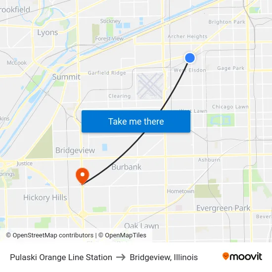 Pulaski Orange Line Station to Bridgeview, Illinois map