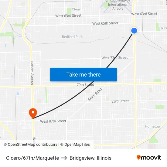 Cicero/67th/Marquette to Bridgeview, Illinois map