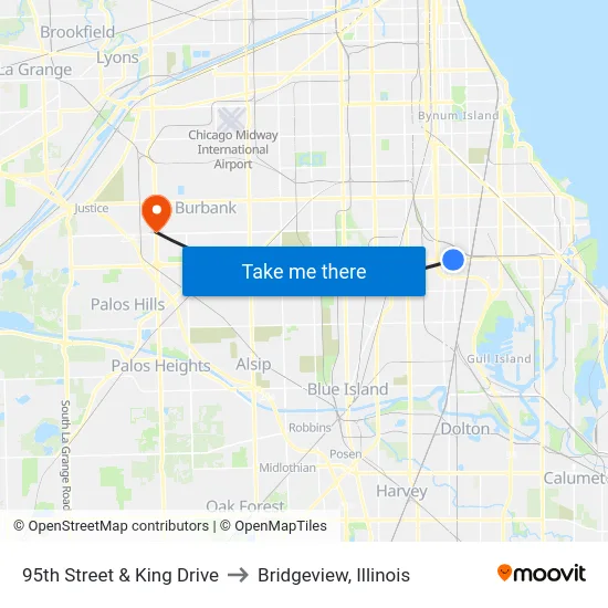 95th Street & King Drive to Bridgeview, Illinois map
