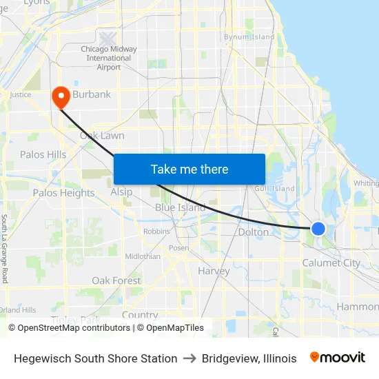 Hegewisch South Shore Station to Bridgeview, Illinois map