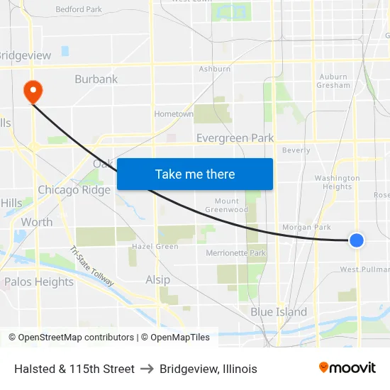 Halsted & 115th Street to Bridgeview, Illinois map