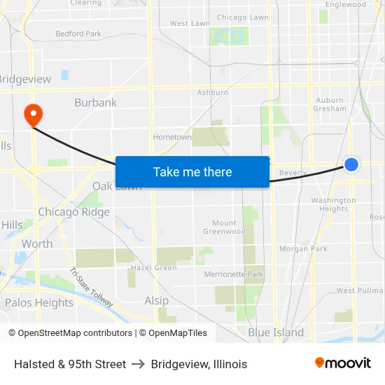 Halsted & 95th Street to Bridgeview, Illinois map