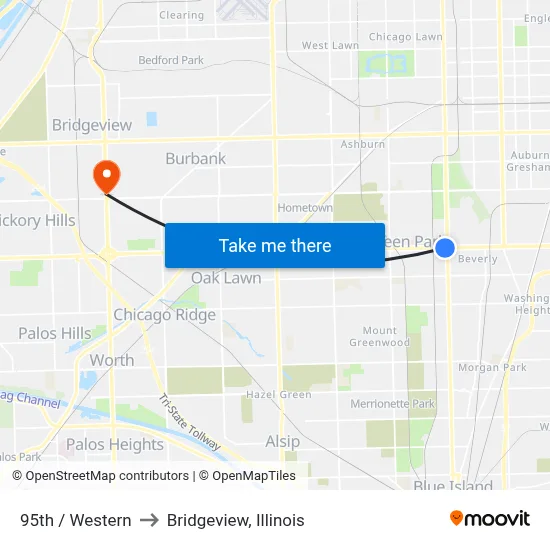 95th / Western to Bridgeview, Illinois map