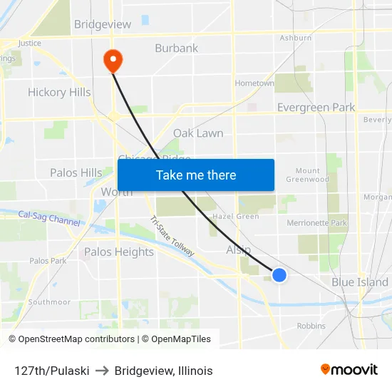 127th/Pulaski to Bridgeview, Illinois map