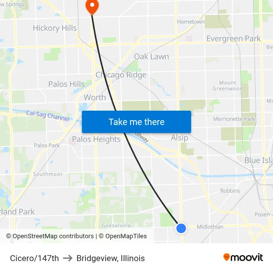 Cicero/147th to Bridgeview, Illinois map