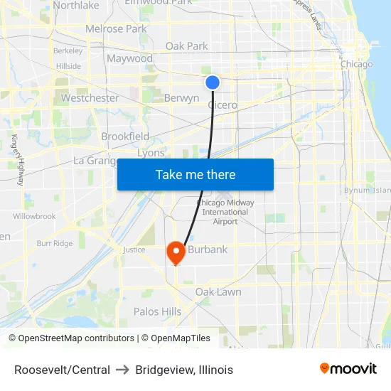 Roosevelt/Central to Bridgeview, Illinois map