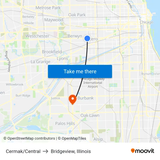 Cermak/Central to Bridgeview, Illinois map