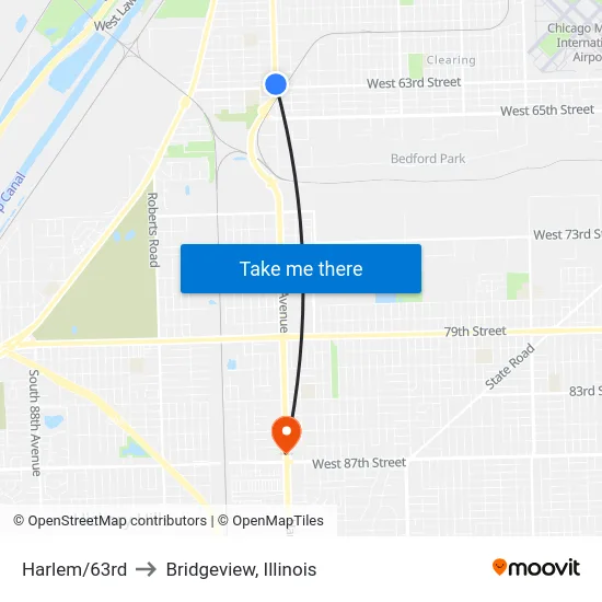 Harlem/63rd to Bridgeview, Illinois map