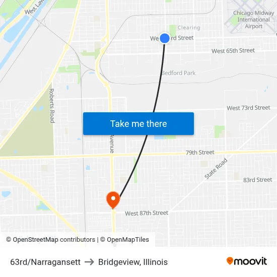 63rd/Narragansett to Bridgeview, Illinois map
