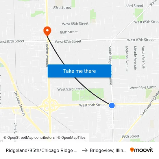 Ridgeland/95th/Chicago Ridge Mall to Bridgeview, Illinois map