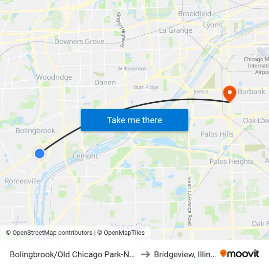 Bolingbrook/Old Chicago Park-N-Ride to Bridgeview, Illinois map