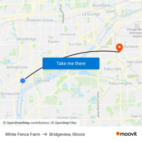 White Fence Farm to Bridgeview, Illinois map