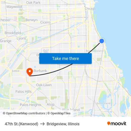 47th St.(Kenwood) to Bridgeview, Illinois map