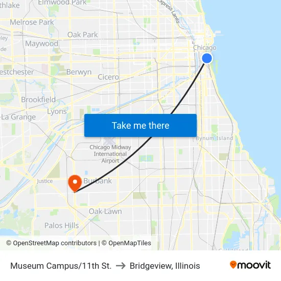 Museum Campus/11th St. to Bridgeview, Illinois map