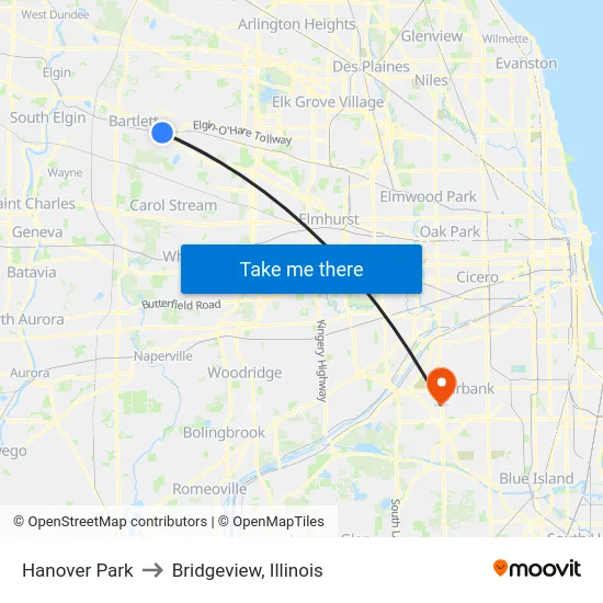 Hanover Park to Bridgeview, Illinois map