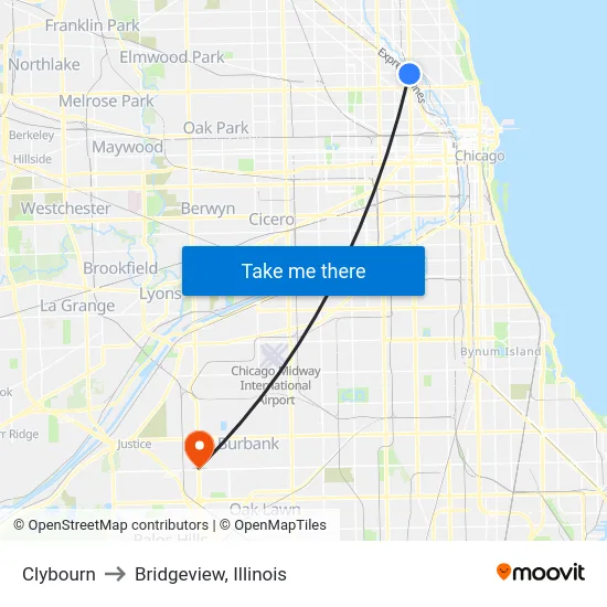 Clybourn to Bridgeview, Illinois map