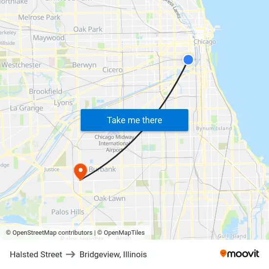 Halsted Street to Bridgeview, Illinois map