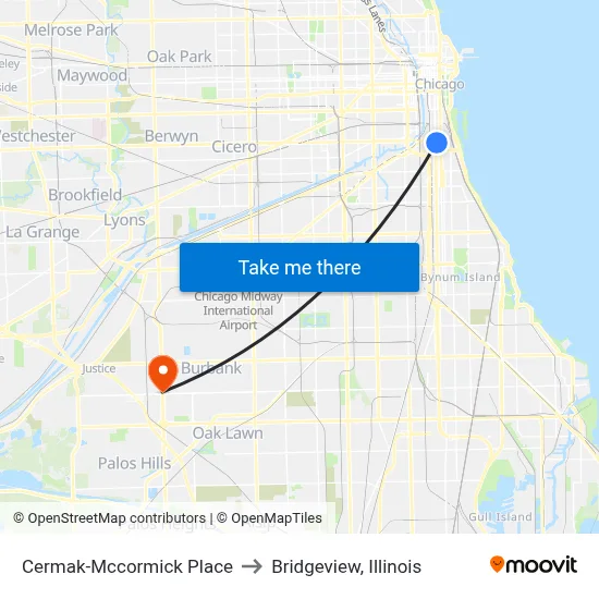 Cermak-Mccormick Place to Bridgeview, Illinois map