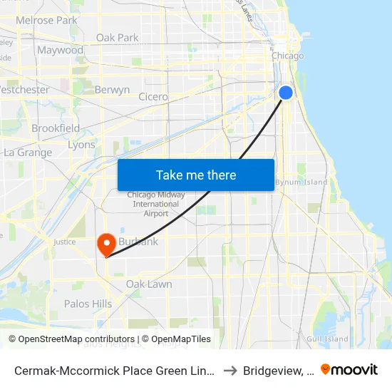 Cermak-Mccormick Place Green Line Station (West) to Bridgeview, Illinois map