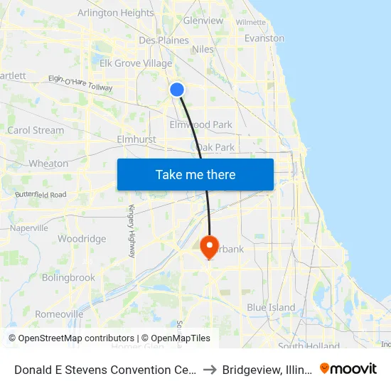 Donald E Stevens Convention Center to Bridgeview, Illinois map