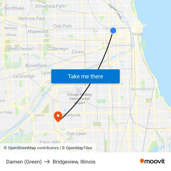 Damen (Green) to Bridgeview, Illinois map