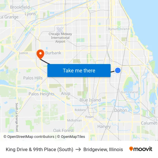 King Drive & 99th Place (South) to Bridgeview, Illinois map