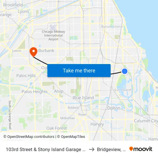 103rd Street & Stony Island Garage Terminal (Nw) to Bridgeview, Illinois map