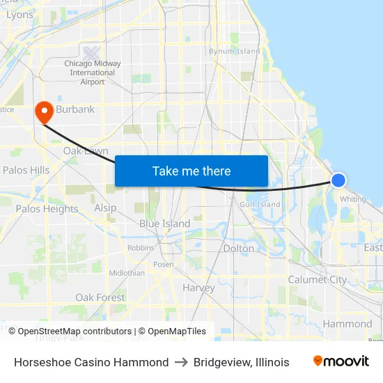Horseshoe Casino Hammond to Bridgeview, Illinois map
