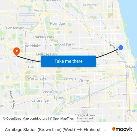 Armitage Station (Brown Line) (West) to Elmhurst, IL map