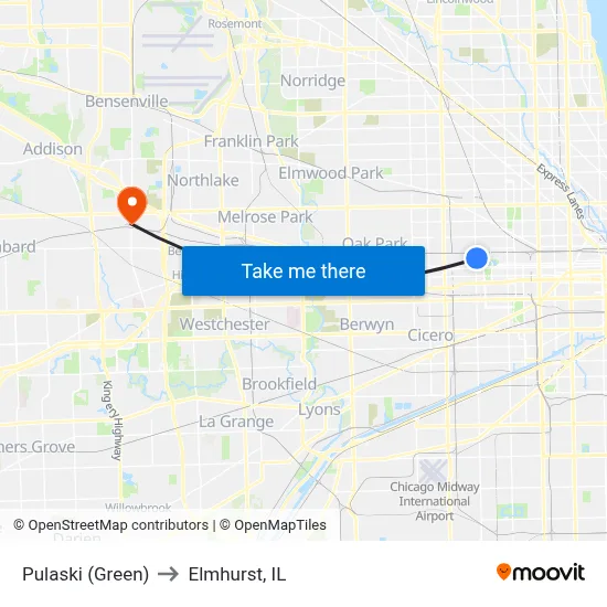 Pulaski (Green) to Elmhurst, IL map