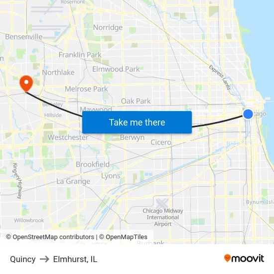 Quincy to Elmhurst, IL map