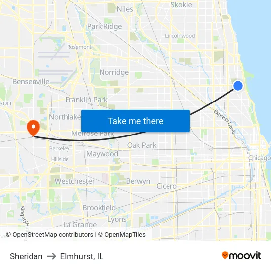 Sheridan to Elmhurst, IL map