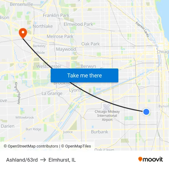 Ashland/63rd to Elmhurst, IL map