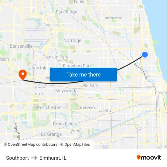 Southport to Elmhurst, IL map
