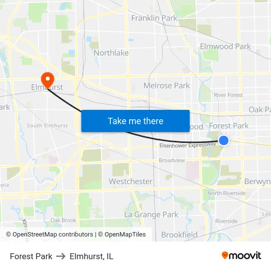 Forest Park to Elmhurst, IL map