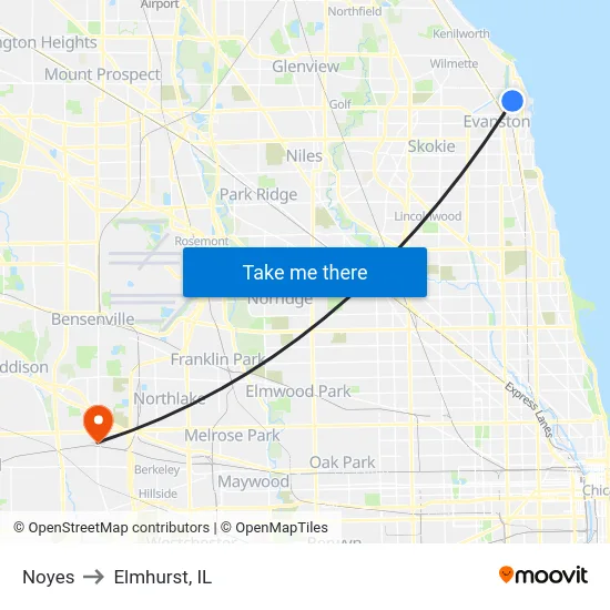 Noyes to Elmhurst, IL map