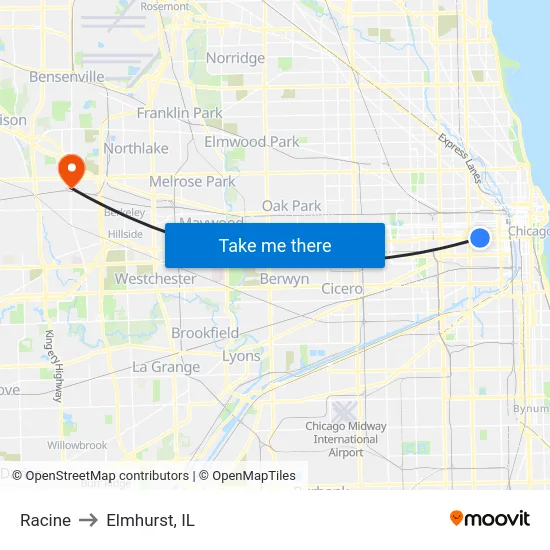 Racine to Elmhurst, IL map