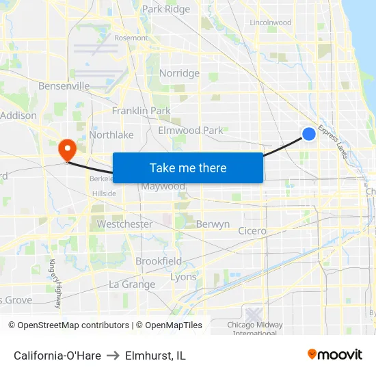 California-O'Hare to Elmhurst, IL map