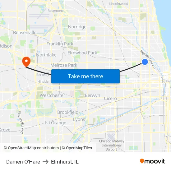 Damen-O'Hare to Elmhurst, IL map