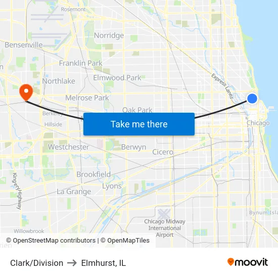 Clark/Division to Elmhurst, IL map