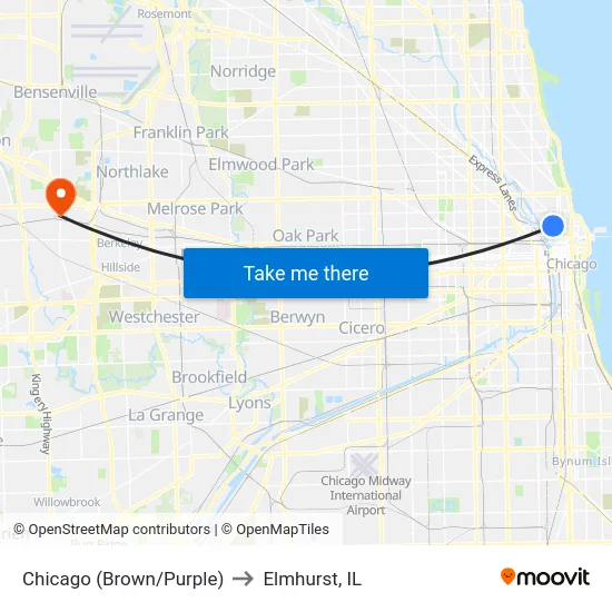 Chicago (Brown/Purple) to Elmhurst, IL map